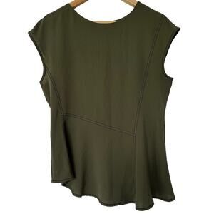 Worthington Seersucker Cap Sleeve Asymmetric Blouse Olive Green Women's Medium